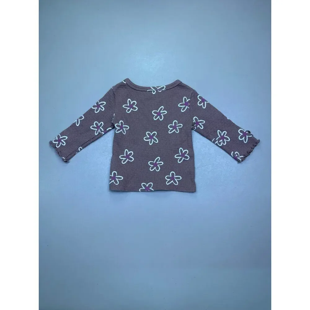 Easy Peasy Organic Cotton Ribbed Floral Long Sleeve Top Brown 3M Baby EUC